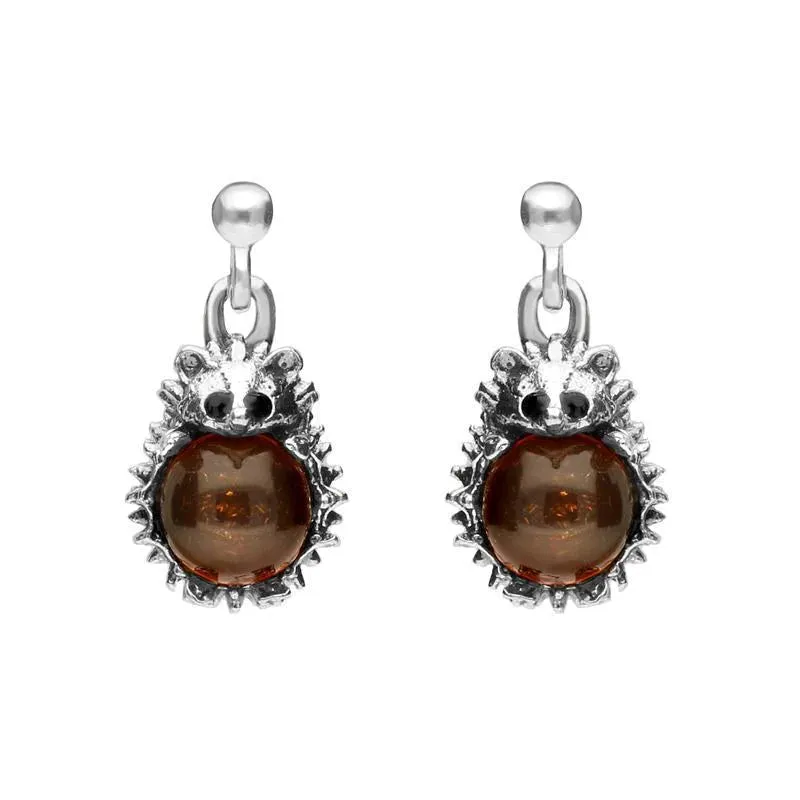 Sterling Silver Amber Tiny Hedgehog Drop Earrings sold by Jura Watches