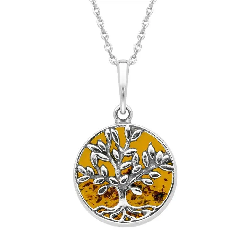 Sterling Silver Amber Small Round Large Leaves Tree of Life Necklace sold by Jura Watches