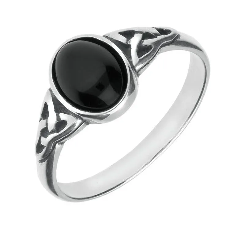 9ct White Gold Whitby Jet Oval Celtic Shoulder Ring sold by Jura Watches
