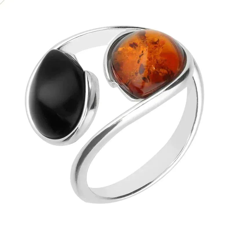 Sterling Silver Whitby Jet Amber Two Stone Pear Twist Ring sold by Jura Watches