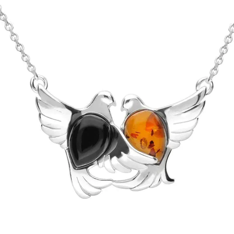 Sterling Silver Whitby Jet Amber Two Stone Bird Necklace sold by Jura Watches