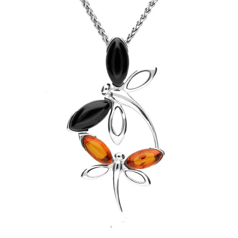 Sterling Silver Whitby Jet Amber Double Dragonfly Necklace sold by Jura Watches