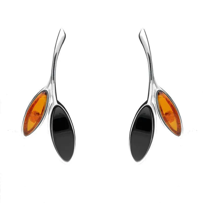 Sterling Silver Whitby Jet Amber Two Leaf Drop Stud Earrings sold by Jura Watches
