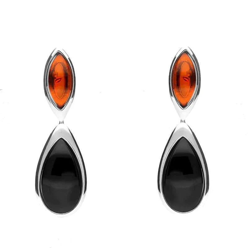 Sterling Silver Whitby Jet Amber Two Stone Marquise and Pear Drop Earrings sold by Jura Watches