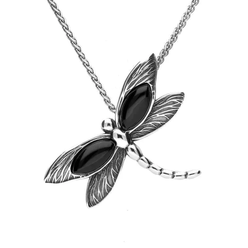 Sterling Silver Whitby Jet Two Marquise Stone Dragonfly Necklace sold by Jura Watches