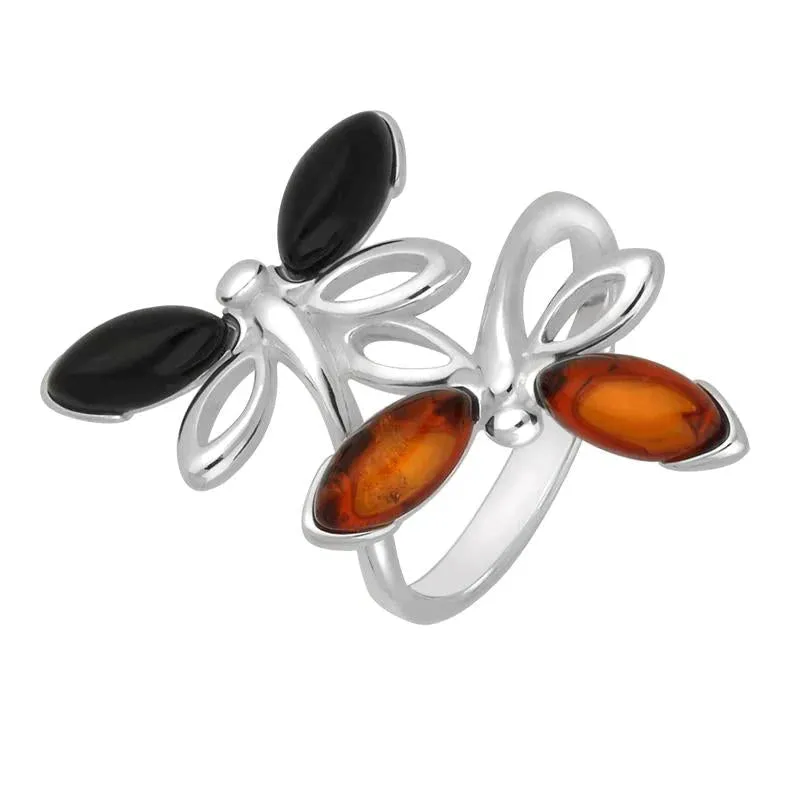 Sterling Silver Whitby Jet Amber Double Dragonfly Ring sold by Jura Watches