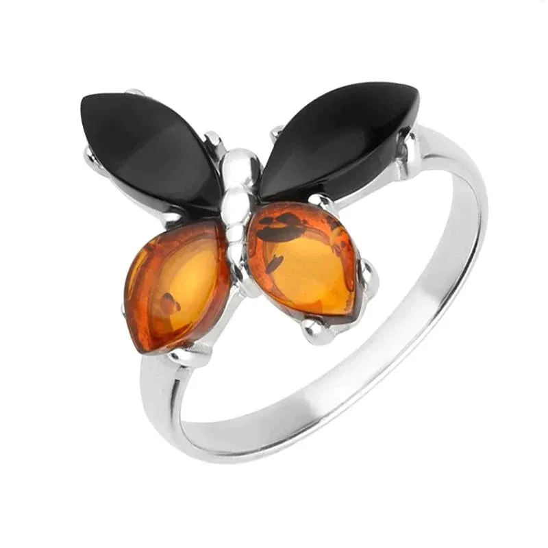 Sterling Silver Whitby Jet Amber Small Butterfly Ring sold by Jura Watches