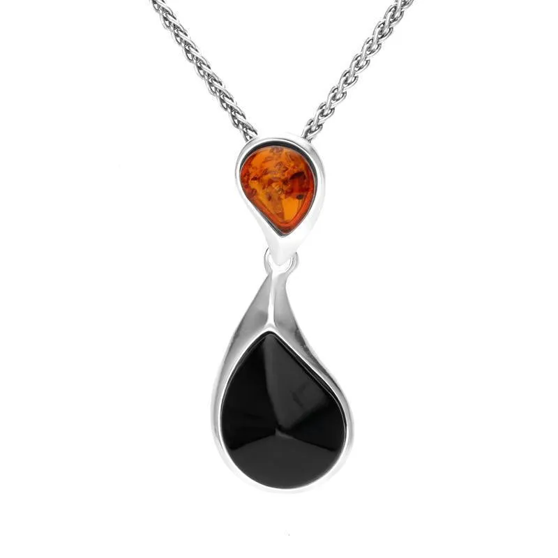Sterling Silver Whitby Jet Amber Two Stone Pear Drop Necklace sold by Jura Watches