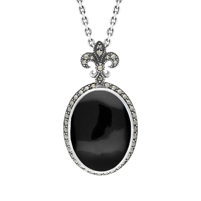 Sterling Silver Whitby Jet Marcasite Fleur De Lis Topped Oval Necklace sold by Jura Watches