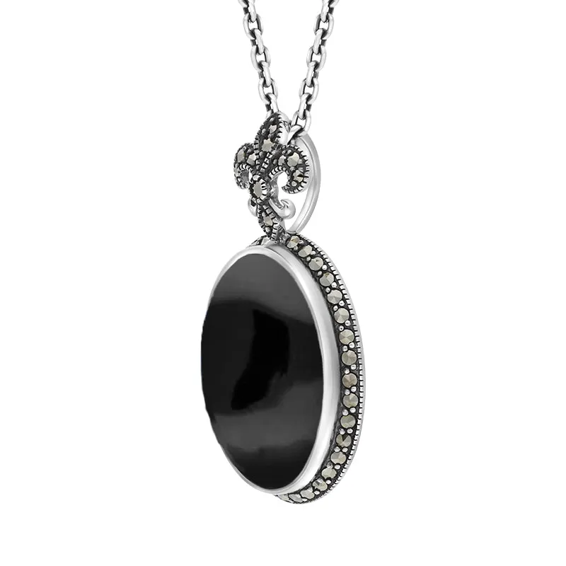 Sterling Silver Whitby Jet Marcasite Fleur De Lis Topped Oval Necklace sold by Jura Watches product image thumbnail 2