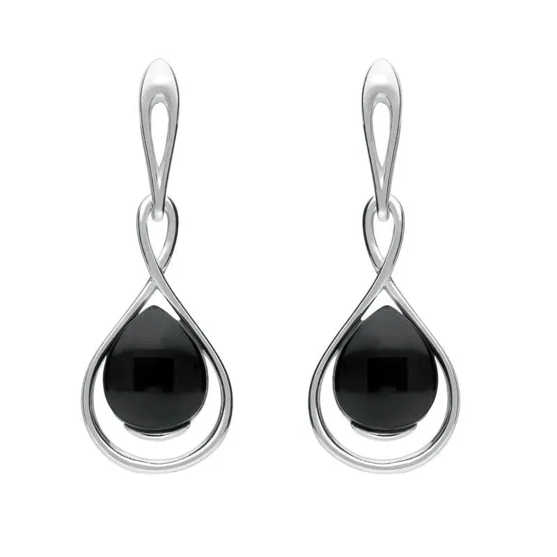 Sterling Silver Whitby Jet Open Pear Twist Drop Earrings sold by Jura Watches