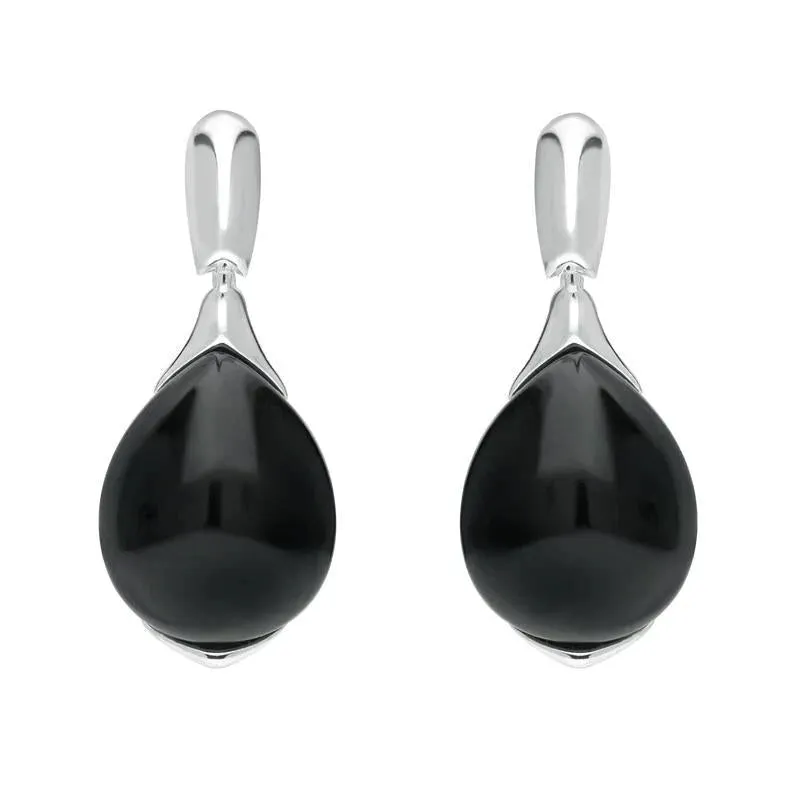 Sterling Silver Whitby Jet Hinge Top Pear Drop Earrings sold by Jura Watches