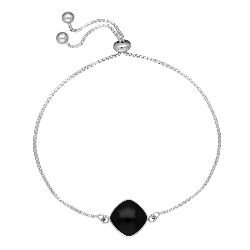 Sterling Silver Whitby Jet Diamond Cushion Shaped Adjustable Bracelet sold by Jura Watches