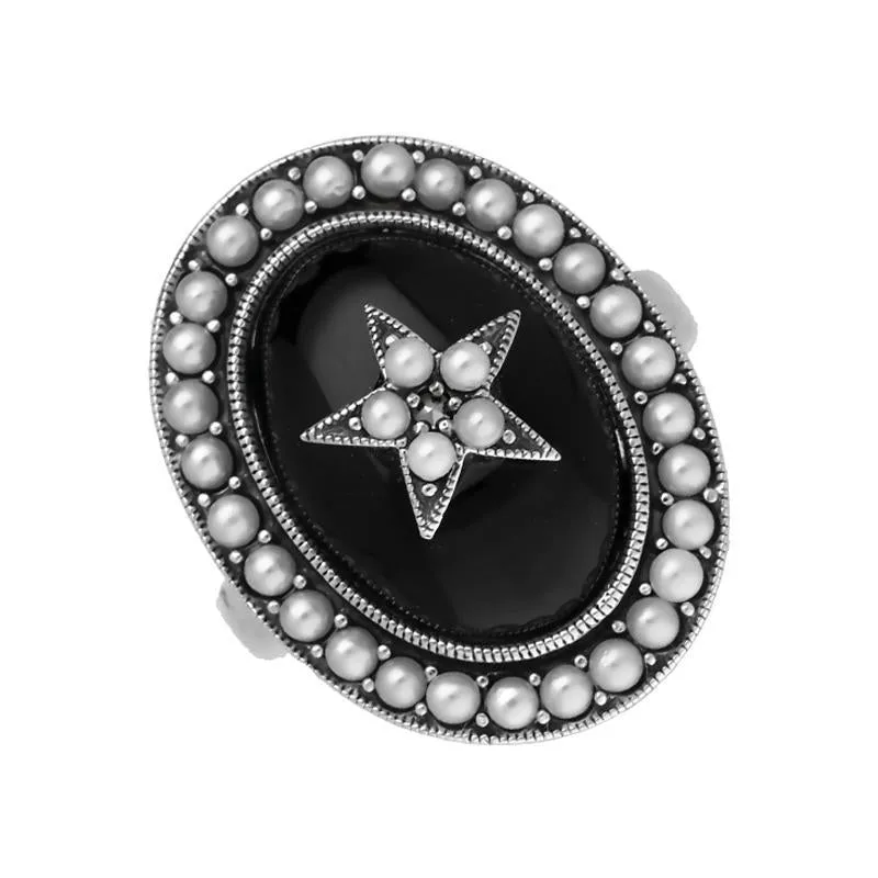 Sterling Silver Whitby Jet Pearl Framed Large Oval Flower Ring sold by Jura Watches