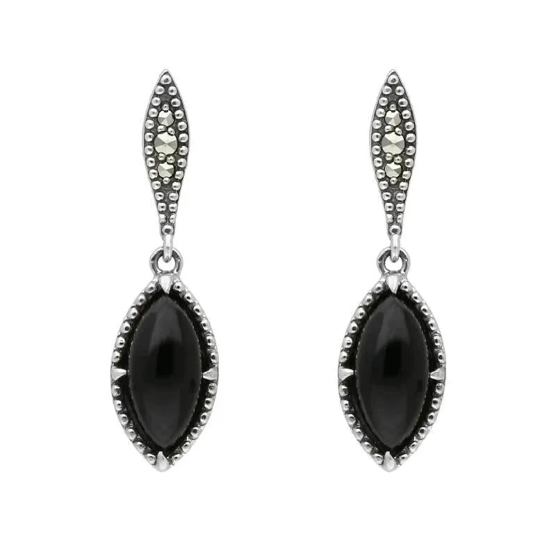 Sterling Silver Whitby Jet Marquise Long Drop Earrings sold by Jura Watches