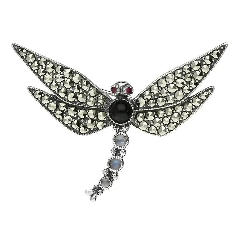 Sterling Silver Whitby Jet Marcasite Garnet Moonstone Dragonfly Brooch sold by Jura Watches