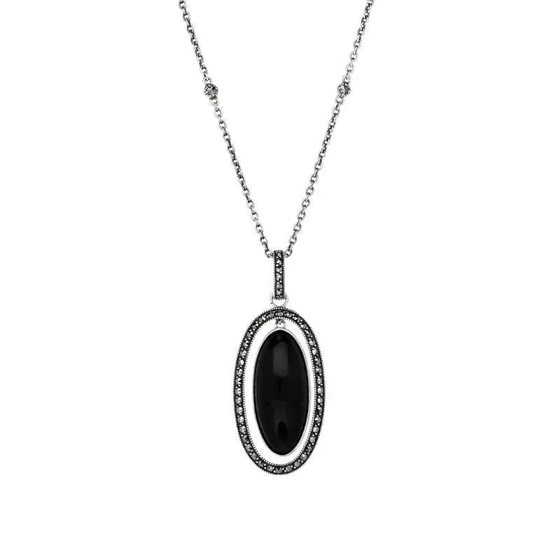 Sterling Silver Whitby Jet Marcasite Double Oval Dangle Necklace sold by Jura Watches