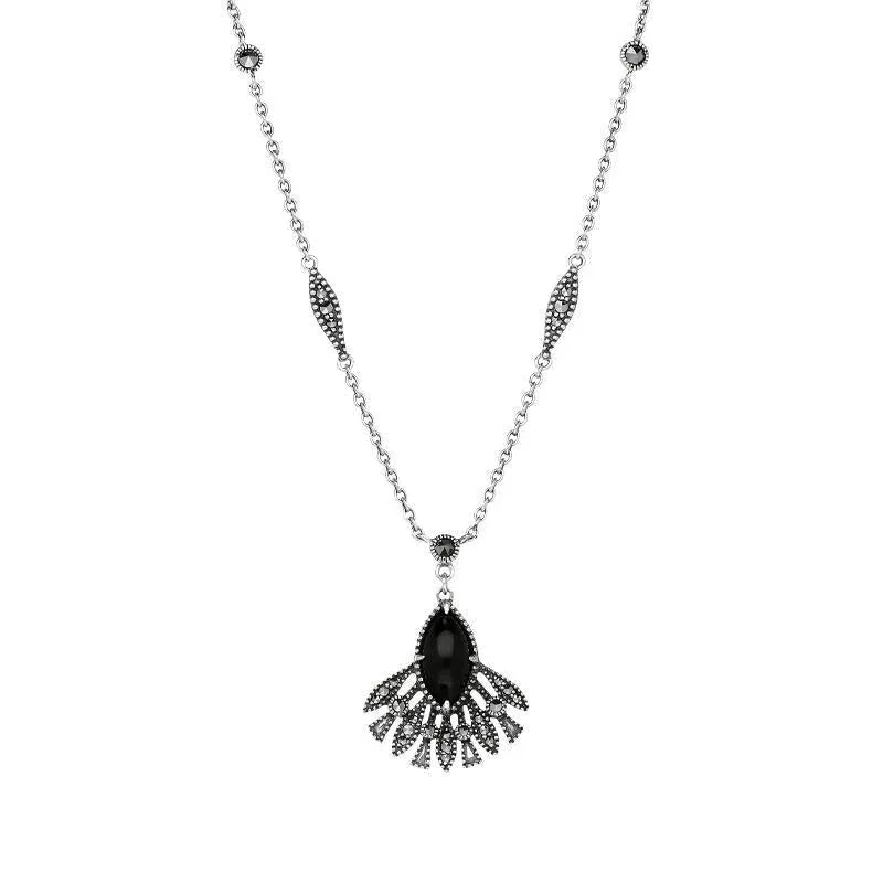 Sterling Silver Whitby Jet Marcasite Feather Necklace sold by Jura Watches