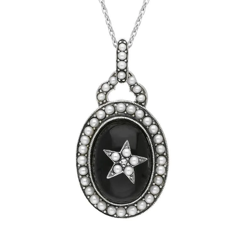 Sterling Silver Whitby Jet Pearl Framed Large Oval Flower Necklace sold by Jura Watches