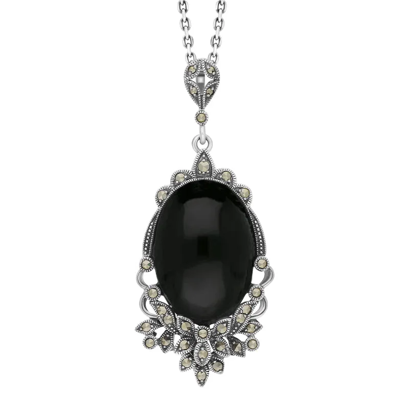 Sterling Silver Whitby Jet Marcasite Edge Oval Flower Large Necklace sold by Jura Watches