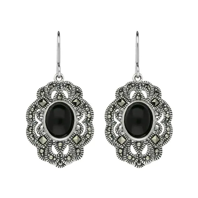 Sterling Silver Whitby Jet Marcasite Lace Edge Oval Drop Earrings sold by Jura Watches
