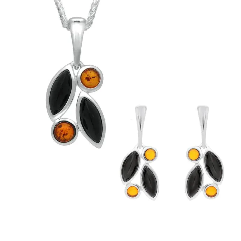 Sterling Silver Whitby Jet Amber Four Stone Leaf Drop Two Piece Set sold by Jura Watches