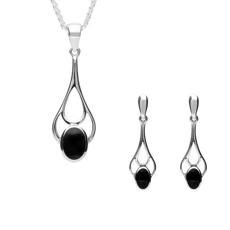 Sterling Silver Whitby Jet Oval Spoon Necklace and Earring Set sold by Jura Watches
