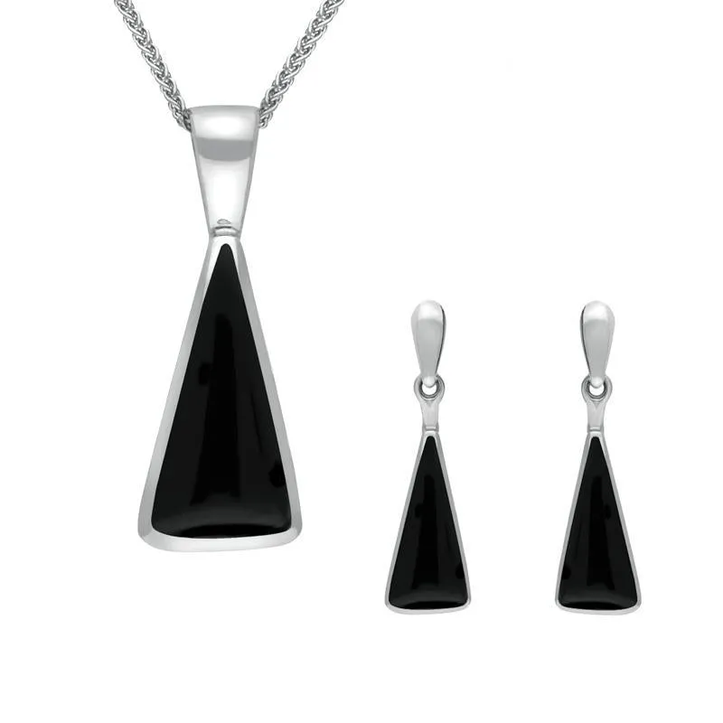 Sterling Silver Whitby Jet Triangle Drop Necklace and Earring Set sold by Jura Watches