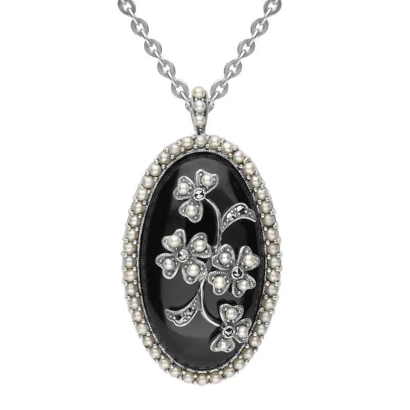 Sterling Silver Whitby Jet Pearl Large Oval Flower Brooch Necklace sold by Jura Watches