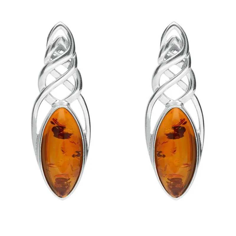 Sterling Silver Baltic Amber Celtic Long Marquise Stud Earrings sold by Jura Watches