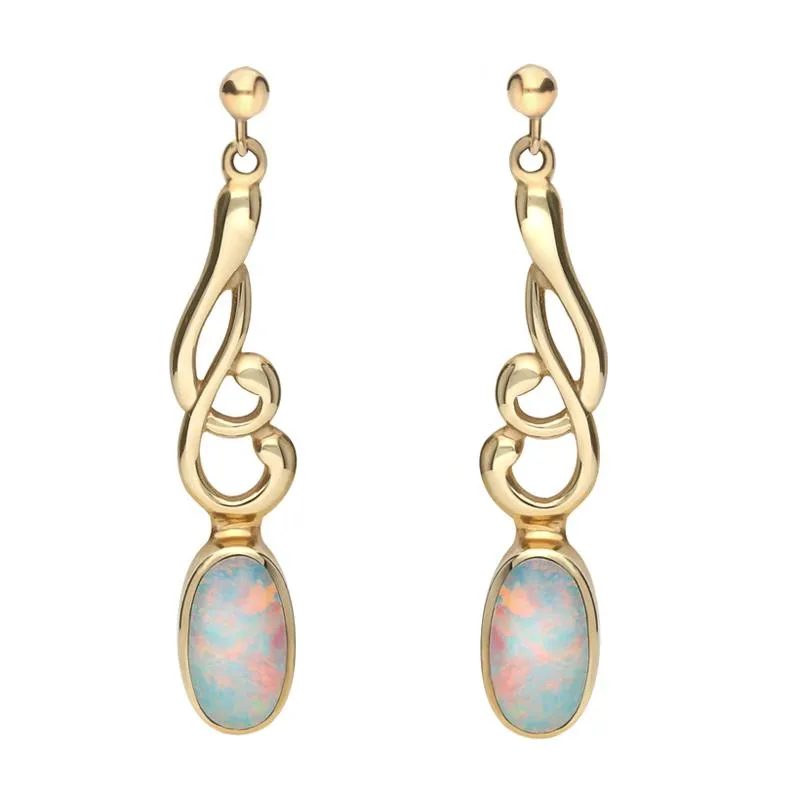 9ct Yellow Gold Opal Jet Scroll Drop Earrings sold by Jura Watches