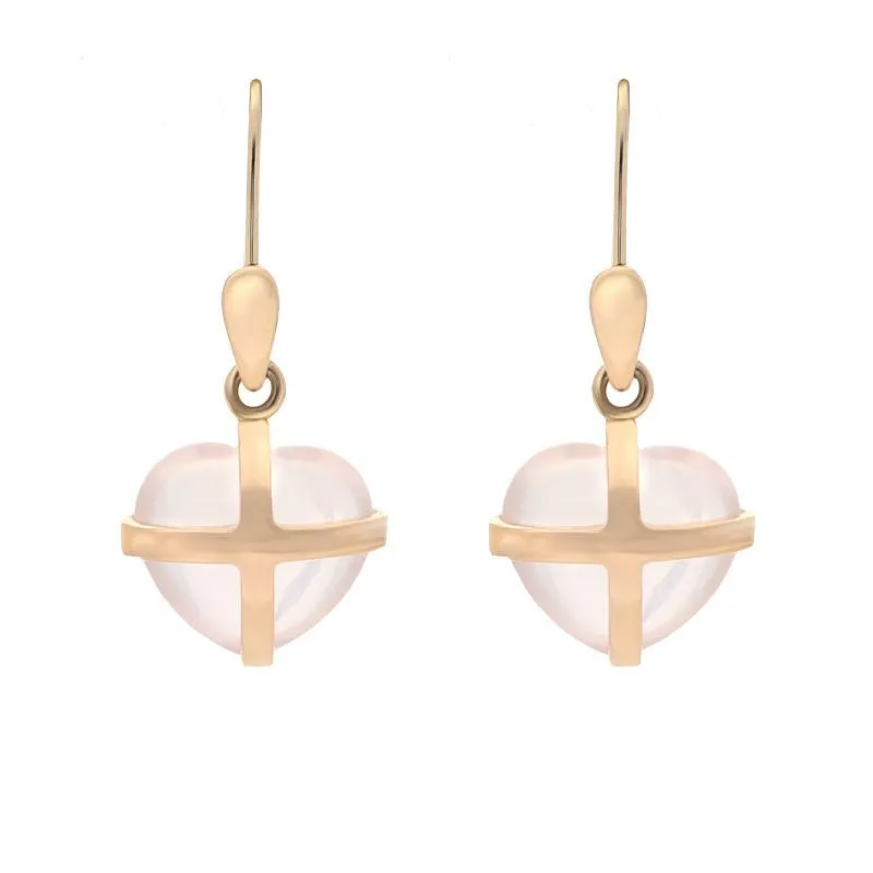 18ct Rose Gold Rose Quartz Small Cross Heart Drop Earrings sold by Jura Watches