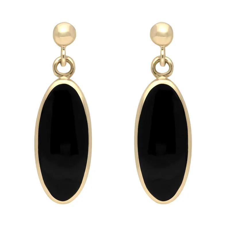9ct Yellow Gold Whitby Jet Light Long Oval Drop Earrings sold by Jura Watches