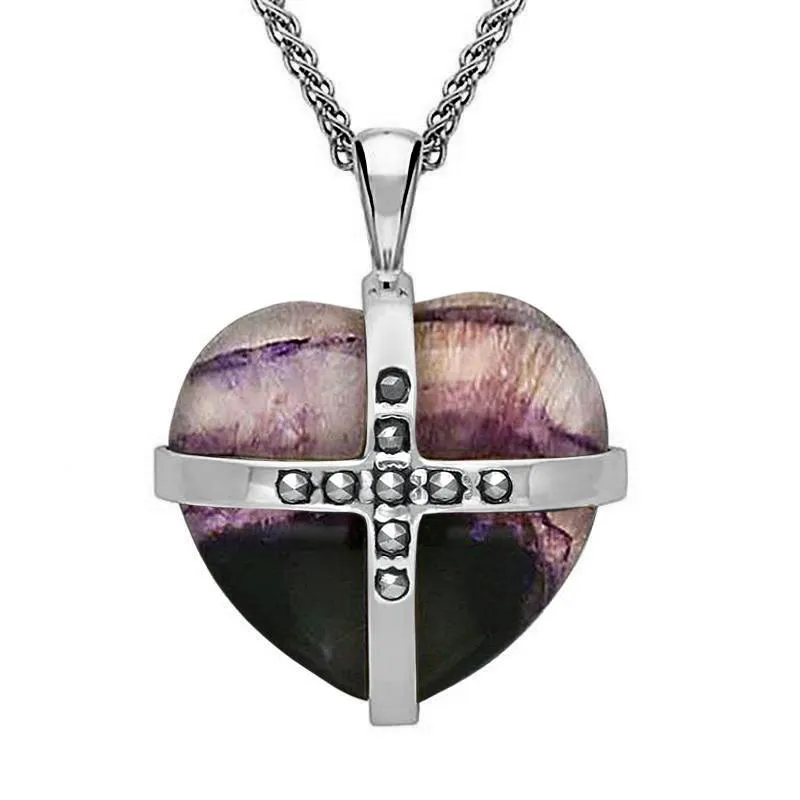Sterling Silver Blue John Marcasite Large Cross Heart Necklace sold by Jura Watches