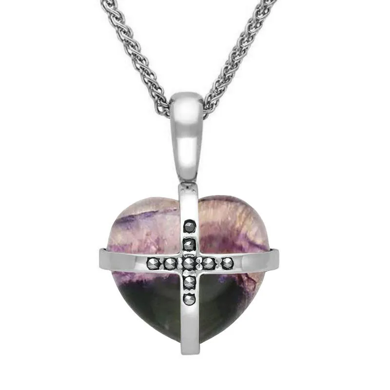 Sterling Silver Blue John Marcasite Small Cross Heart Necklace sold by Jura Watches