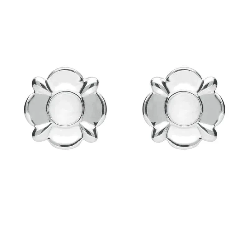 Sterling Silver Bauxite Round Four Petal Flower Stud Earrings sold by Jura Watches