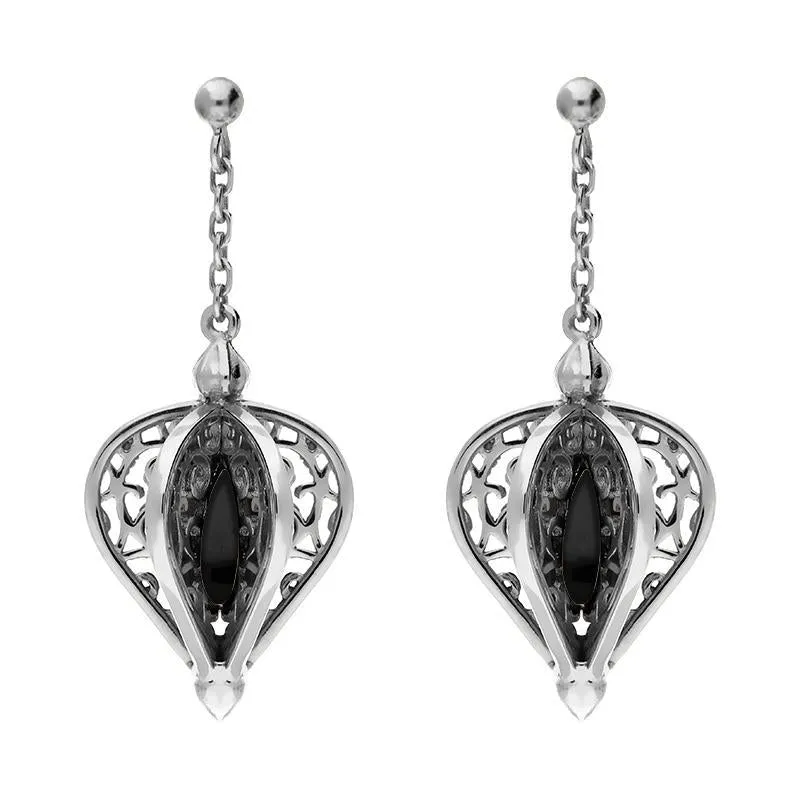 Sterling Silver Whitby Jet Flore Filigree Drop Earrings sold by Jura Watches