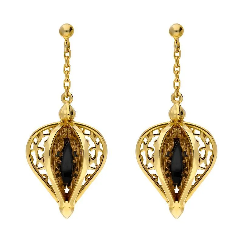 9ct Yellow Gold Whitby Jet Flore Filigree Drop Earrings sold by Jura Watches