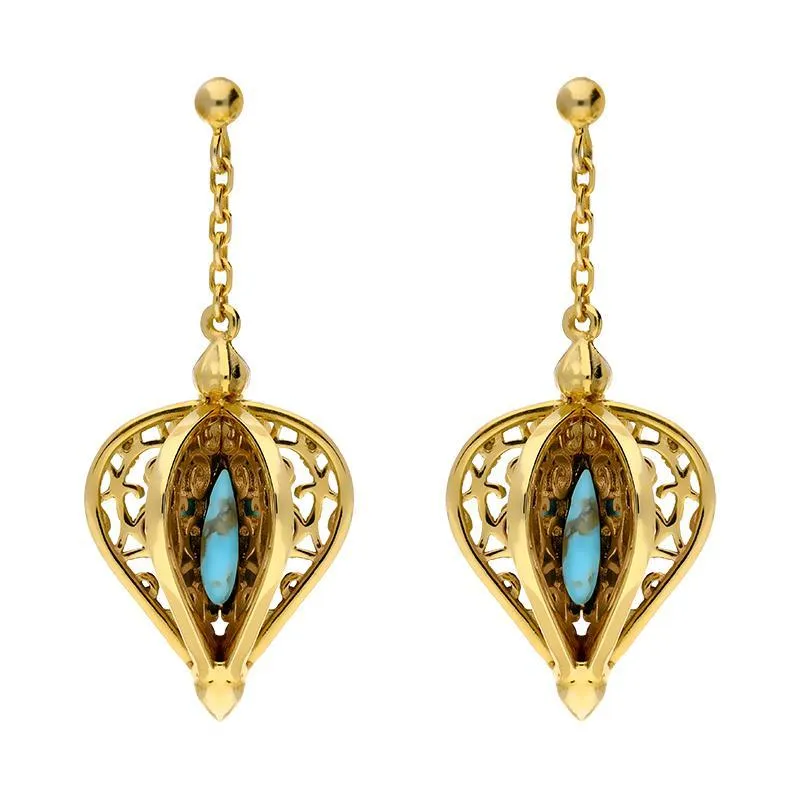 9ct Yellow Gold Turquoise Flore Filigree Drop Earrings sold by Jura Watches
