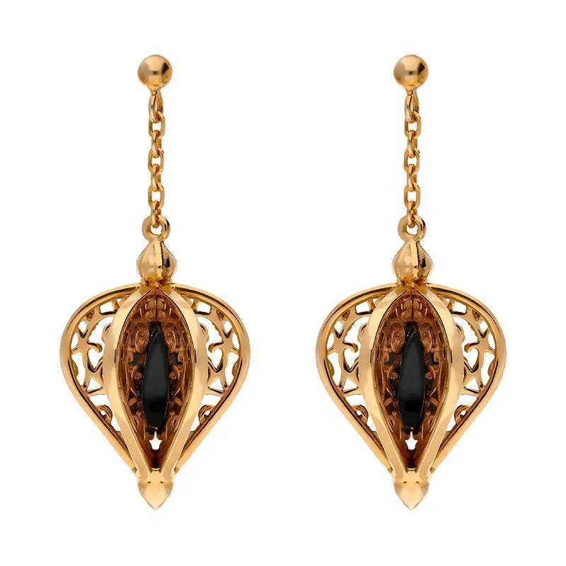 9ct Rose Gold Whitby Jet Flore Filigree Drop Earrings sold by Jura Watches