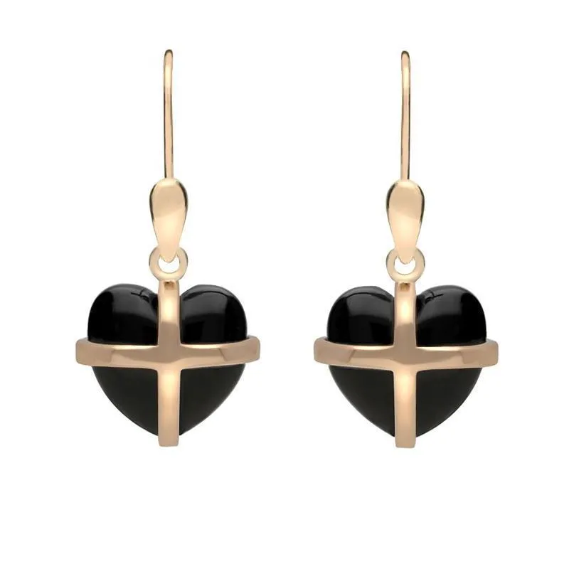 9ct Rose Gold Whitby Jet Small Cross Heart Drop Earrings sold by Jura Watches