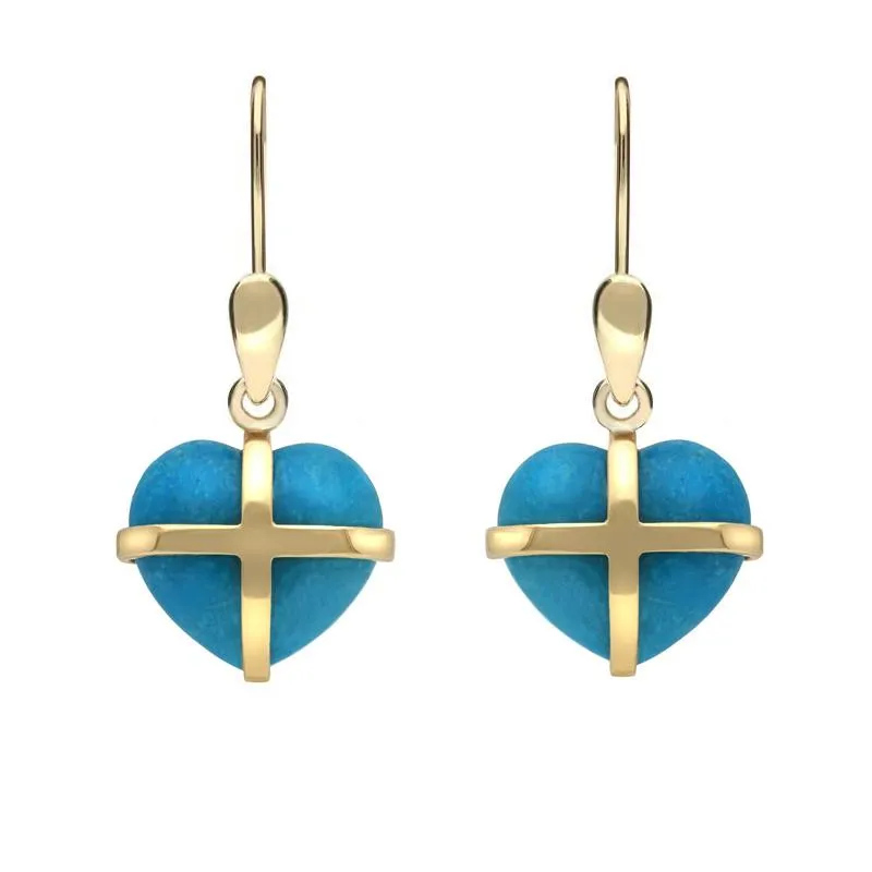 9ct Yellow Gold Turquoise Small Cross Heart Drop Earrings sold by Jura Watches