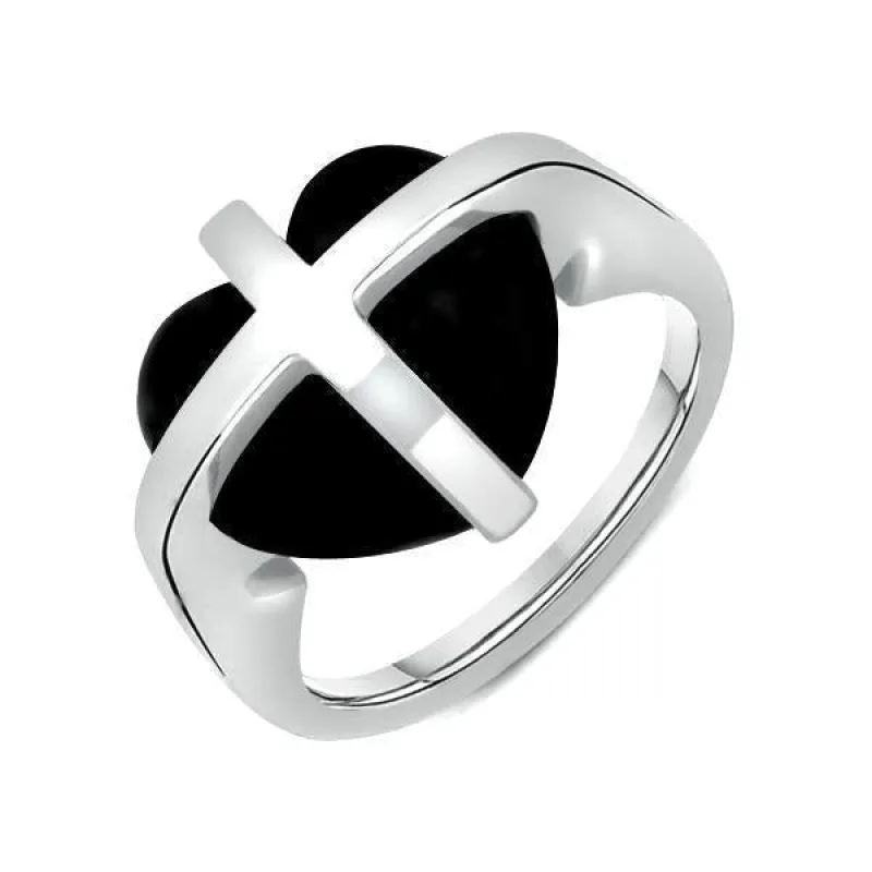 9ct White Gold Whitby Jet Cross Heart Ring sold by Jura Watches