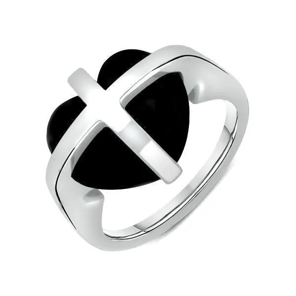9ct White Gold Whitby Jet Cross Heart Ring sold by Jura Watches
