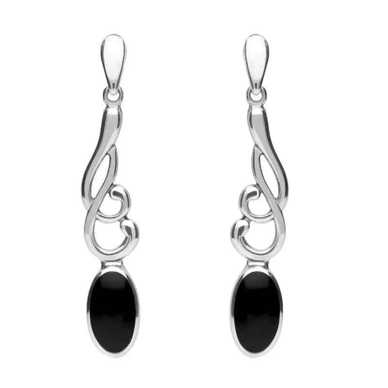 Sterling Silver Whitby Jet Scroll Drop Earrings sold by Jura Watches