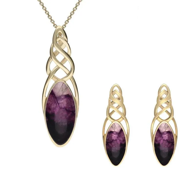 9ct Yellow Gold Blue John Marquise Pierced Long Two Piece Set sold by Jura Watches