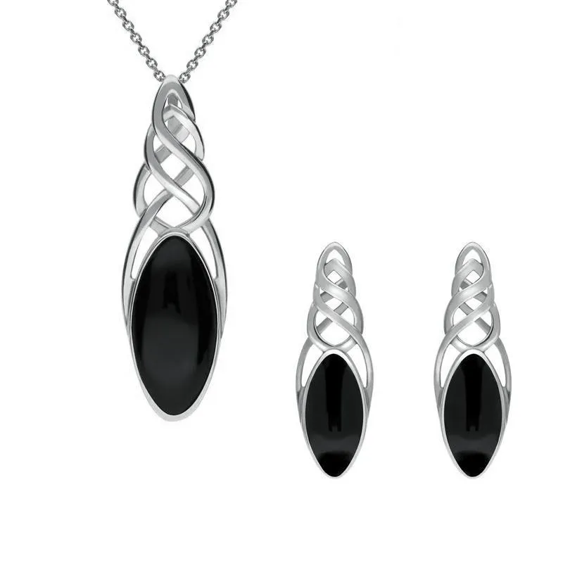 Sterling Silver Whitby Jet Marquise Pierced Long Two Piece Set sold by Jura Watches
