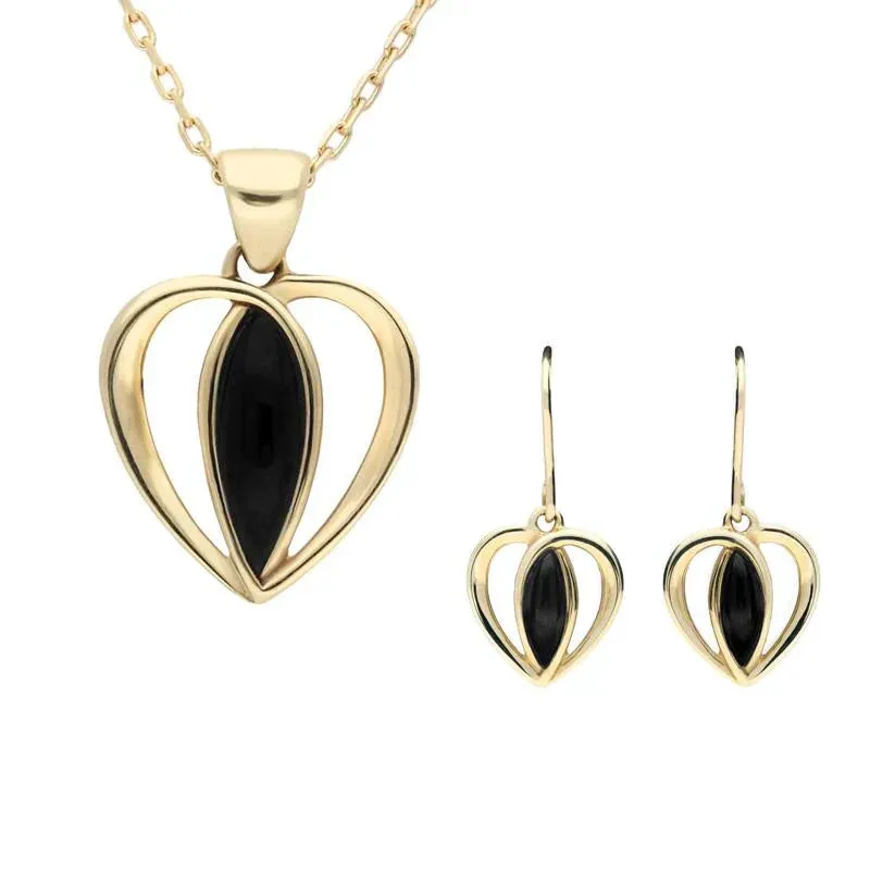 9ct Yellow Gold Whitby Jet Centre Stone Heart Two Piece Set sold by Jura Watches