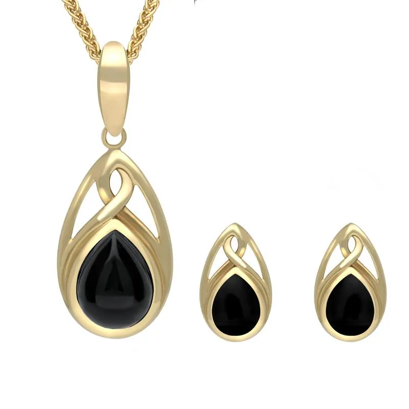 9ct Yellow Gold Whitby Jet Pear Celtic Two Piece Set sold by Jura Watches
