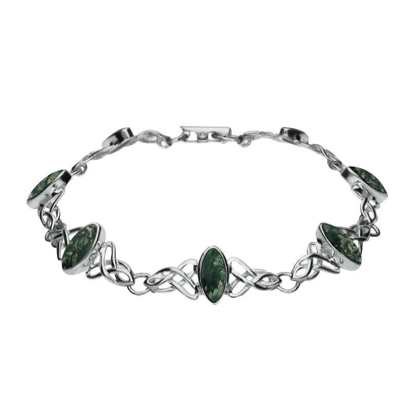 Sterling Silver Moss Agate Marquise Shaped Celtic Bracelet sold by Jura Watches